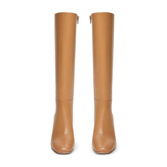 PAIGE Keely Tan Leather Knee-High Block Heel Boots, Side Zip Closure Size 10.5 - Picture 2 of 16